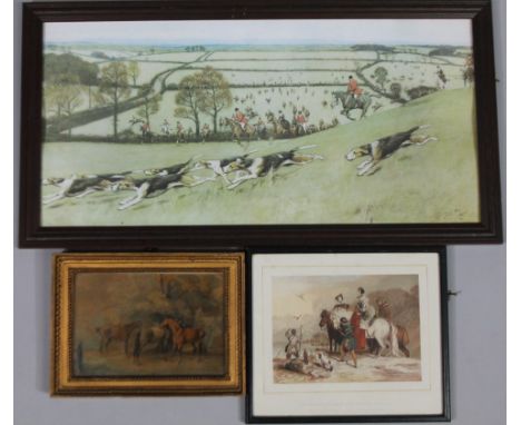 After Cecil Aldin. Huntsman and hounds on the move, print, 28cm x 57cm, a book plate, The Hawking Party, and 19thC School, ho
