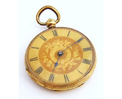 An early 20thC ladies fob watch, the fancy 3.5cm Roman numeric dial fitted in a heavily engine turned case with (vacant) shie