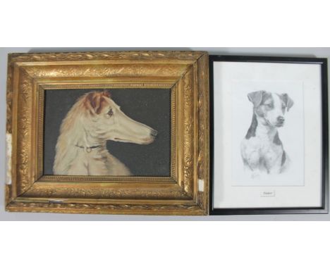Early 20thC English School. Lurcher dog portrait, oil on canvas, unsigned, 17cm x 24cm, and After Sibley, Tinker dog portrait