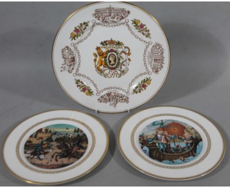 Two Royal Worcester bone china plates, The King Arthur Plates, transfer printed and gilt highlighted, 23cm dia. and a Caversw