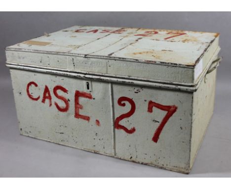 An early 20thC tin trunk, painted cream with painted lettering and numbers to exterior in red, with side oval handles and a p