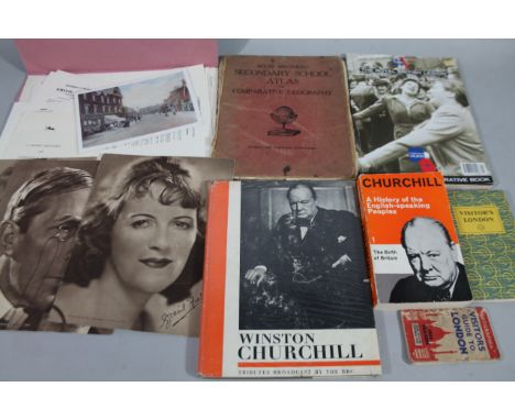 A box of ephemera, etc., a folder titled Jarrold 1770-1970, containing a quantity of ephemera, Gracie Fields portrait print, 