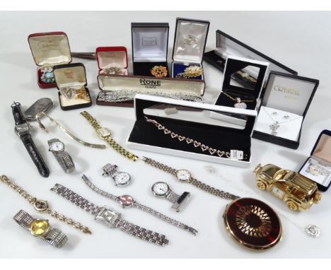 Various modern costume jewellery, to include ladies and gents wristwatches, Aviva wristwatch, Timex, Revel, etc, Swarovski cr