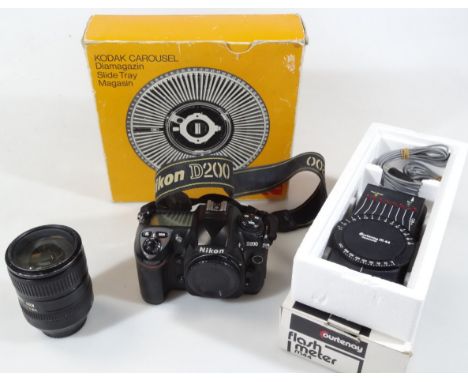 Various cameras, equipment, etc., to include Nikon D200 camera, 11cm high, Nikon lens, etc. (a quantity)