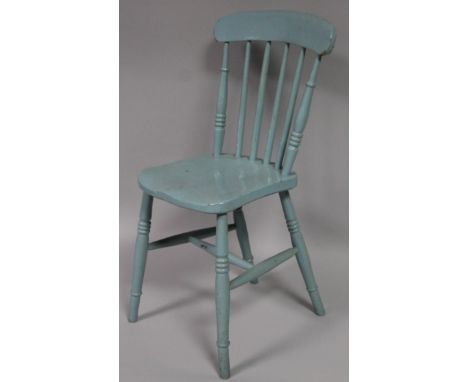 A 19thC painted ash and elm kitchen chair, with over hanging comb top, cylindrical vertical back, shaped seat and triple ring