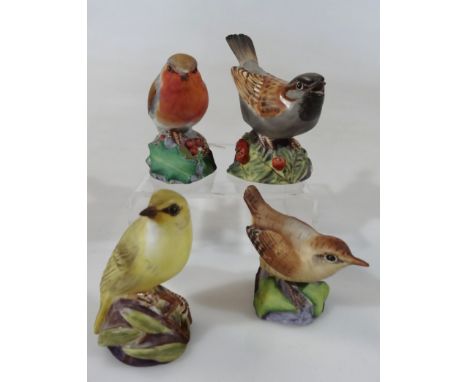 Various Royal Worcester bird ornaments, comprising sparrow 3236, 8cm high, robin 3197, wren 3198 and wood warbler 3200, print