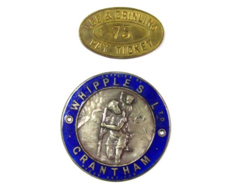 A Whipples Limited Grantham partial and enamel St Christopher badge, raised to the centre, with blue outline, 6cm dia. and a 