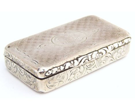 A Victorian silver snuff box, of oblong outline with hinged lid, set with a floral front, partially engraved and engine turne