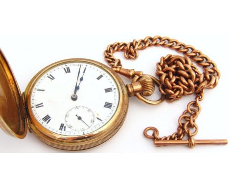 A 9ct gold graduated Albert watch chain, with T bar end, 28cm long, 35g, attached to a gold plated Hunter pocket watch, of ci