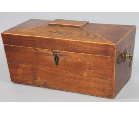 A Regency rosewood tea caddy, of rectangular sarcophagus outline, the hinged lid revealing a part fitted interior with vacant