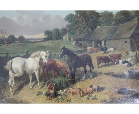 After JF Herring. Farm animals in a farmyard before farmer thatch cottage and trees, mixed media probably an over glazed prin