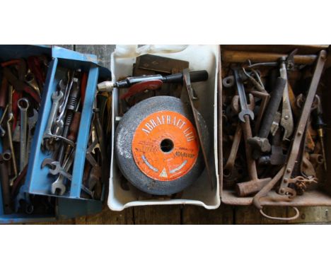 Various bygone hand tools, to include Phillips head screwdriver, 22cm wide, hammer, tool box containing further tools, hand d