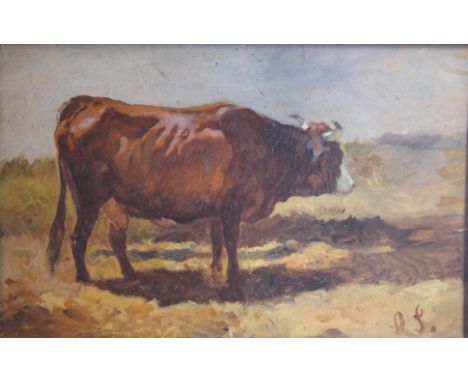 ANTON SCHRODL (1820-1906) Austrian, Portrait of a Cow, oil on board, signed with initials A.S, framed. 27.5 x 17 cm.