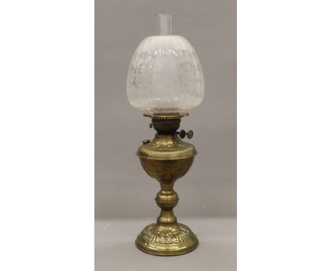 A Victorian brass oil lamp. 54 cm high overall.