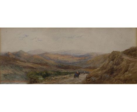 R MEADOWS, Figures on a Mountain Pass, watercolour, signed and dated 1879, framed and glazed. 23.5 x 10 cm.