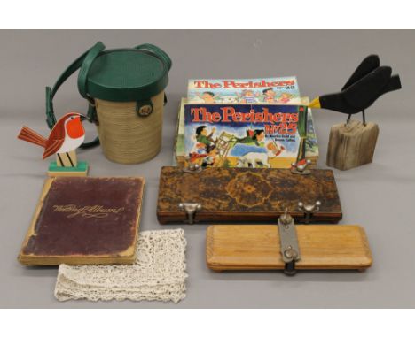 A quantity of miscellaneous items, including a Victorian and later scrap book, a tie press, a vintage handbag, etc.