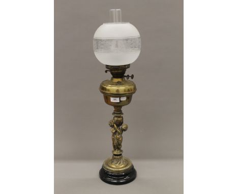 A Victorian brass oil lamp set with putto. 53 cm high excluding shade.