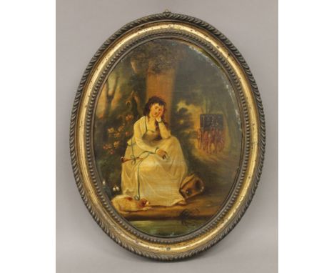 A Portrait of a Young Girl with a Spaniel, oil on tin, framed. 22.5 x 30 cm.