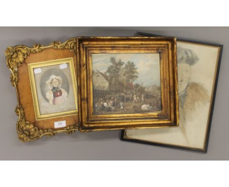 A 19th century gilt framed print of a lady, together with a portrait of Thomas More's Father and another print. The former 28
