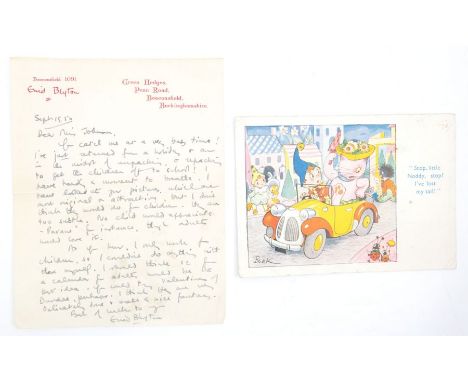 Blyton, Enid. SIGNED letter and H Van Beek Noddy postcard addressed to Miss Joyce Johnson, 1950-52, discussing the new cover 