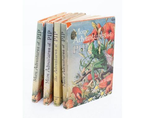 Blyton, Enid. The Adventures of Pip, illustrated by Raymond Sheppard, published by Sampson Low, dustwrapper, orange embossed 