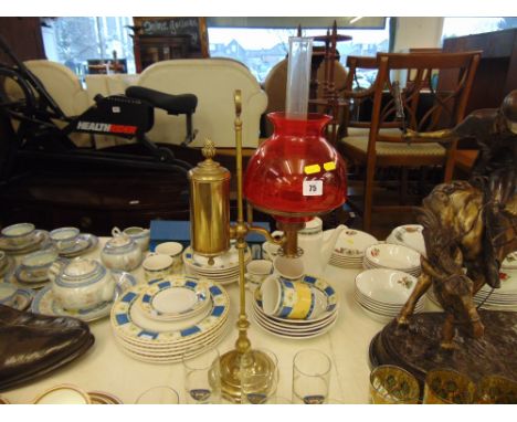 A Victorian student lamp with Ruby shade plus chimney