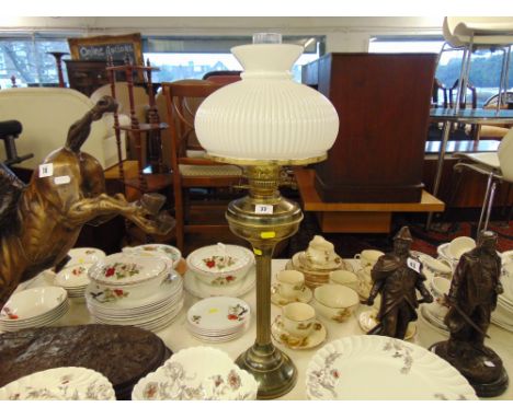 A Corinthian column oil lamp, with shade and funnel