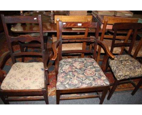 the tapestry seat above straight cut legs with a 'H' strtogether with other waresher together with two other chairs (3)