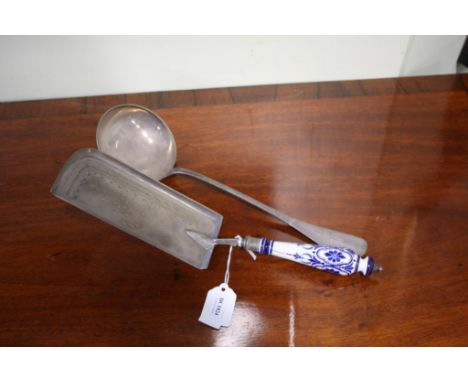 with blue and white porcelain handle, together with a large plated ladle and horn handle magnifying glass