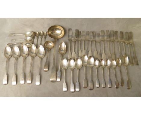 A Victorian silver part cutlery service with other mixed silver cutlery and a soup ladle, 2495grams
