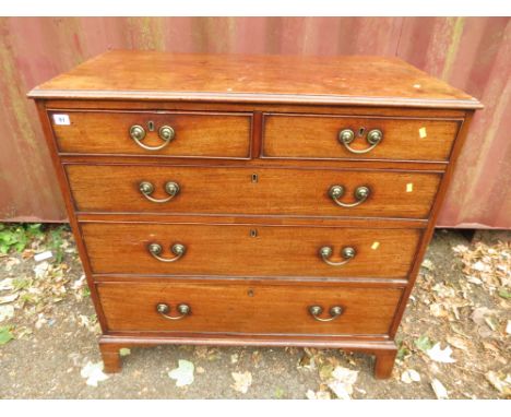 A Georgian flat fronted mahogany chest of two short and three graduated long drawers, brass handles on bracket feet A/F, 37 6