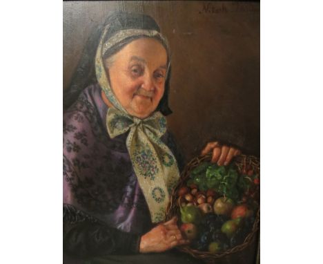 Nitch Williams, framed oil on board, portrait of a lady holding a basket of fruit, signed top corner, 10 x 14