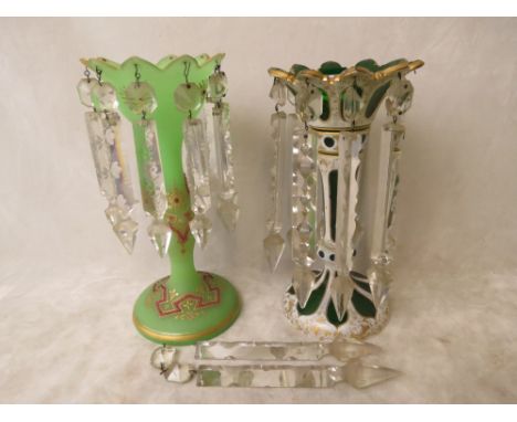 A Bohemian glass lustre, opal over green glass with cut and gilt decoration, and faceted lustre drops, 10 high, along with a 