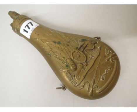 A 19th century powder-flask, embossed decoration depicting the Trophies of War