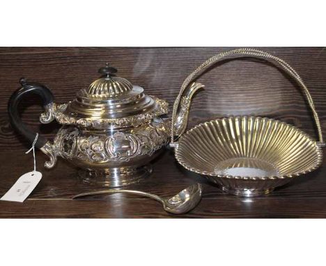 SILVER PLATED TEA POT
along with a silver plated fruit basket and a ladle