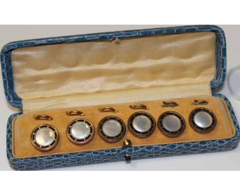SET OF EARLY 20TH CENTURY MOTHER OF PEARL AND ENAMEL STUDS IN FITTED CASE 