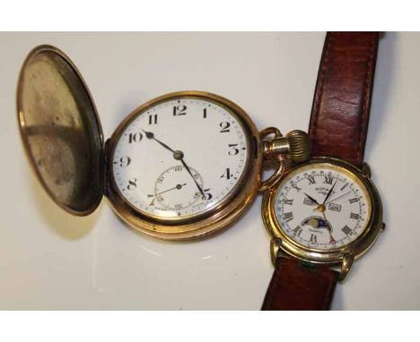 GENTLEMAN'S ROTARY WRIST WATCH
with Roman numerals and day and date apertures, along with a plated full hunter pocket watch, 