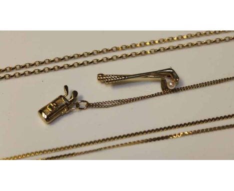 GOLF CLUB DESIGN BROOCH AND PENDANT
both in nine carat gold, the brooch set with a single pearl, along with two other nine ca