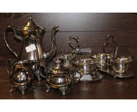 THREE PIECE SILVER PLATED TEA SERVICE 
together with two silver plated sugar and cream sets
