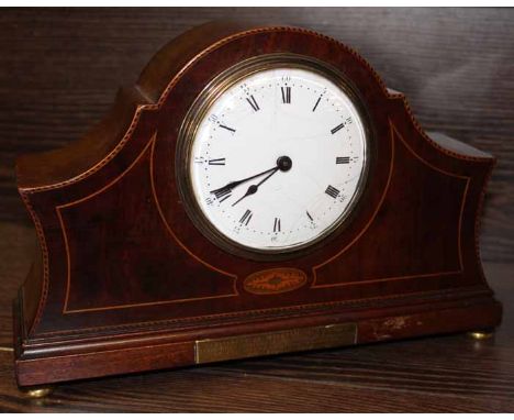 EARLY TWENTIETH CENTURY MARQUETRY INLAID MANTEL CLOCK
the white enamel dial with Roman numerals, with engraved presentation p