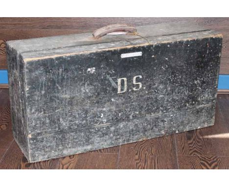 VINTAGE WOODEN BOX OF JOINERS TOOLS
black wooden box with initials DS in white paint, metal name plaque also, tools including