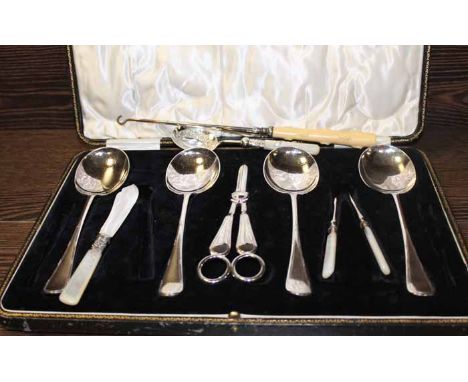 PART SILVER PLATED FRUIT AND NUT SET
including a pair of grape scissors, also mother of pearl handled spoon and knife 