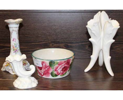 WEMYSS CABBAGE ROSE PATTERN BOWL
together with a Dresden decorated porcelain candlestick and a Royal Worcester ornament shape