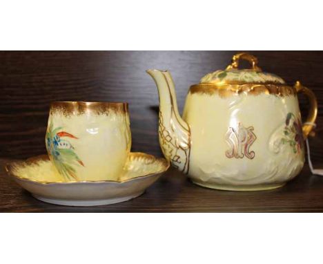 LIMOGES HANDPAINTED COFFEE SET 
comprising pot, ten saucers and five cups, along with a Coalport circular dish 