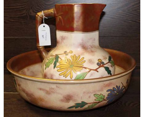 VICTORIAN BASIN AND EWER
decorated with stylised foliate motifs and with gilt highlights
the ewer 28cm high
minor chips and c