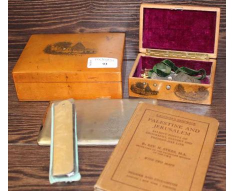 TWO MAUCHLINE BOXES, PLATED CIGARETTE CASE, MOTHER OF PEARL MOUNTED COMB, AND A SOLDER'S HANDBOOK 