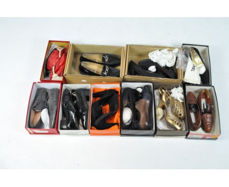 A collection of vintage ladies designer shoes, to include a pair of Hermes black suede platform shoes, size 37, in original b