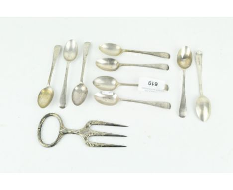 Nine Victorian silver teaspoons and a plated breadfork, the teaspoons by C W Fletcher &amp; Son Ltd and hallmarked Sheffield 
