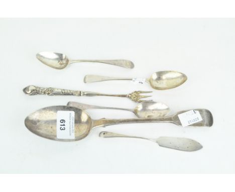 A selection of 19th century and later flatware, including a serving spoon, hallmarked London 1835, three sugar spoons, a butt