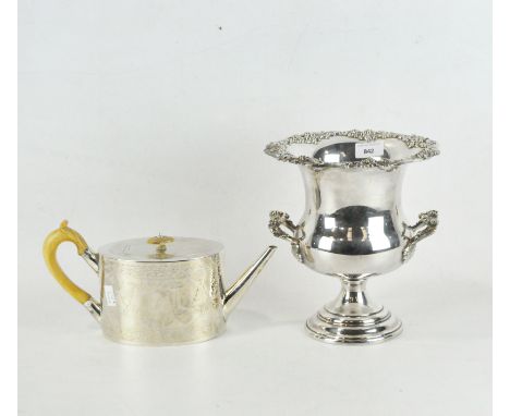 A contemporary silver plated wine cooler and a Georgian style white metal teapot, the first of baluster form, cast with fruit